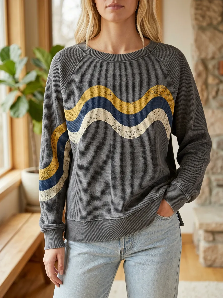 Women's Retro Wave Pattern Distressed Printed Waffle Knit Sweatshirt