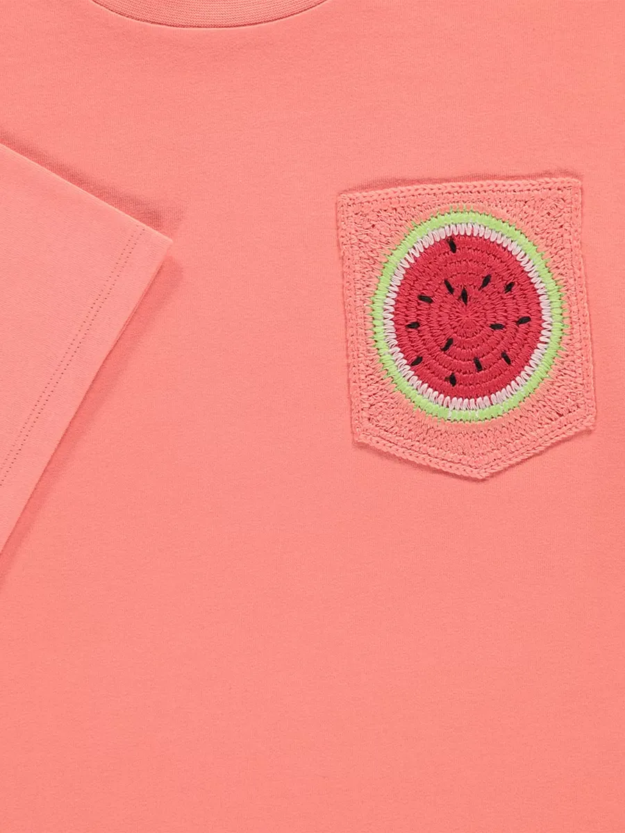Pink Watermelon Crochet Pocket T Shirt