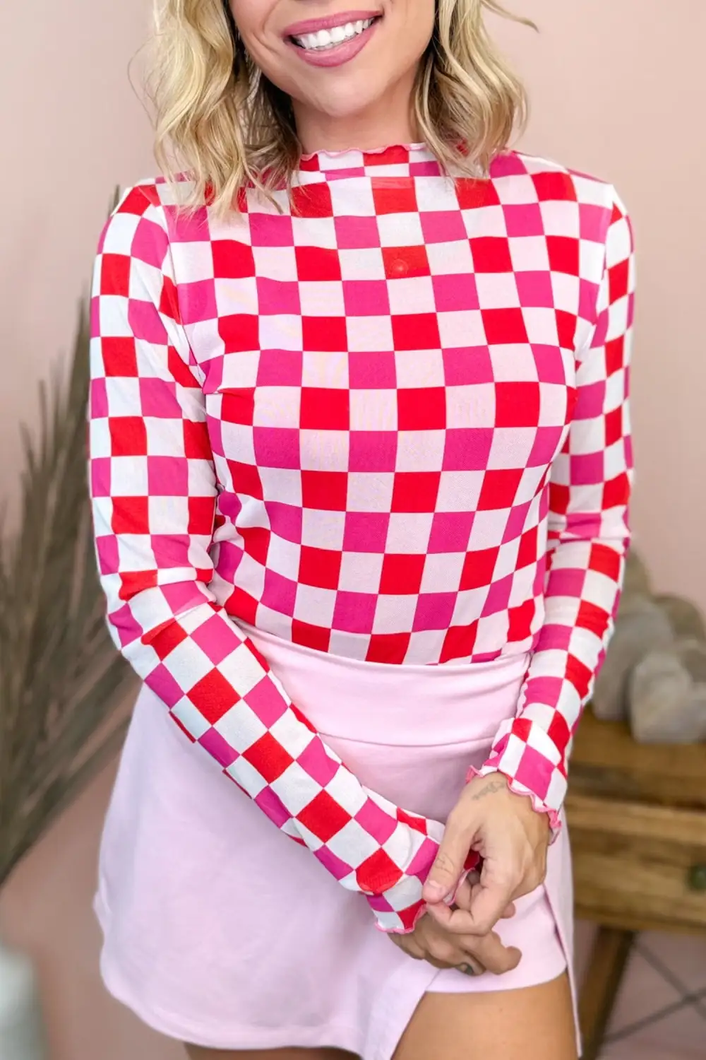 Checkered Print Mesh Stretch Fabric Long Sleeve Blouse