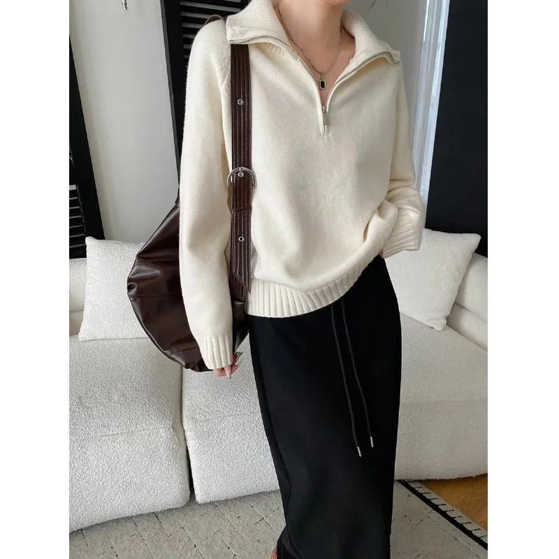 Refined High Neck Half Zip Loose Knit Sweater