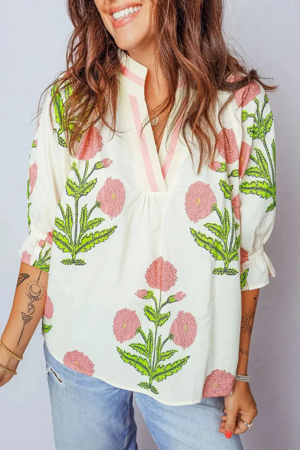 Floral Print Notched Ruffled Sleeve Blouse