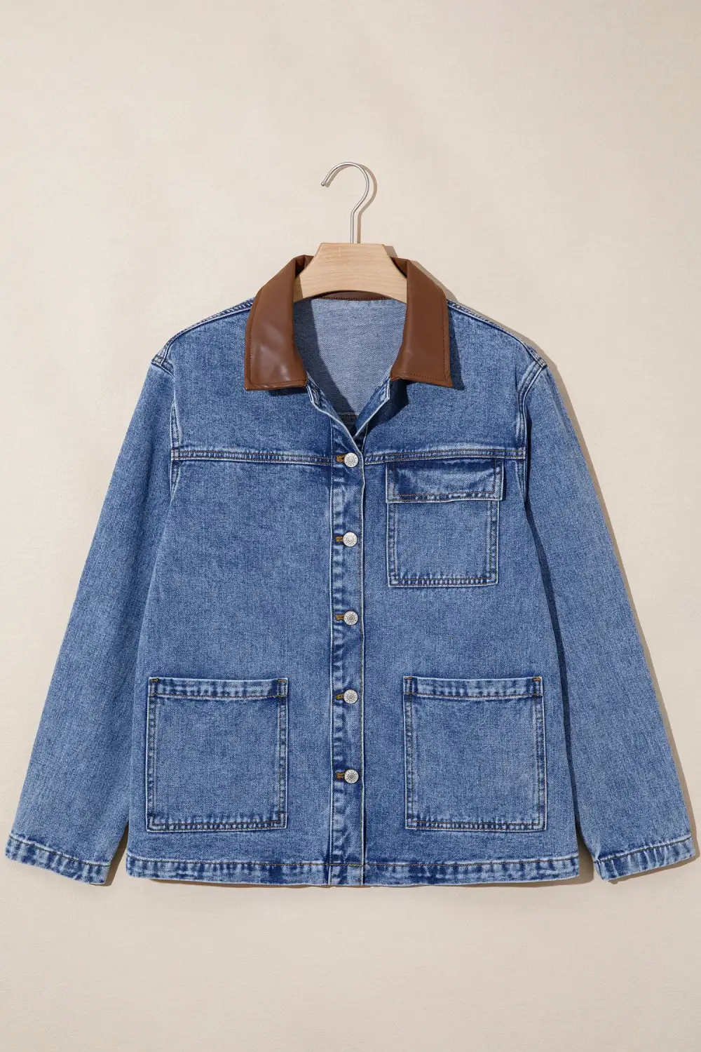 Women's Patchwork Leather Collar Long Sleeve Denim Jacket