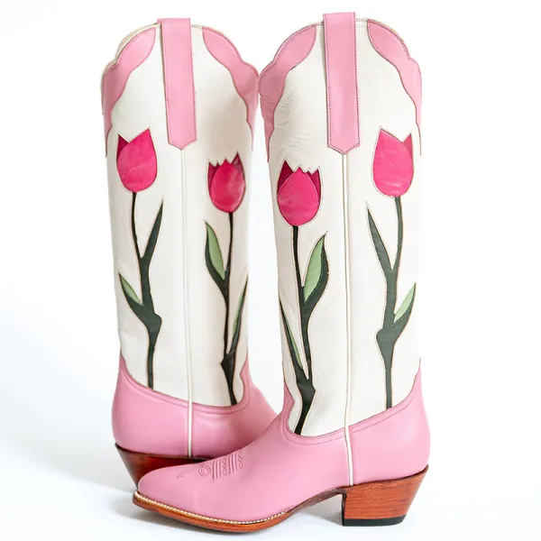 Faux-Leather Floral Patchwork Chunky-Heel Knee-High Boots