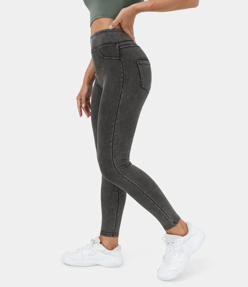 Magic High Waisted Back Side Pocket Stretchy Knit Denim Casual Leggings