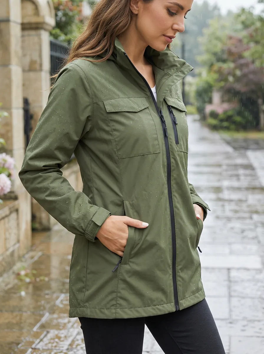 Women's Olive Green Waterproof Hooded Jacket with a Hood