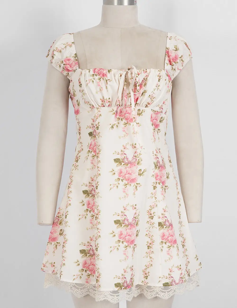 Lace Trim Cap Sleeves Mini Dress