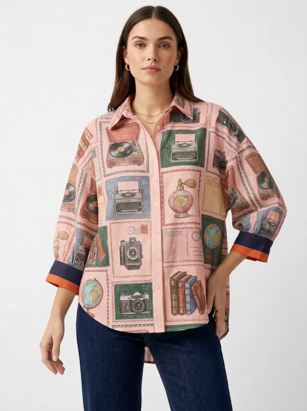 Women's Vintage Hobby Lover Stamp Print Button-Down Shirt
