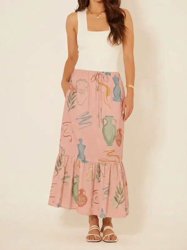 Women's Greek Art Vase Statue Printed Midi Skirt