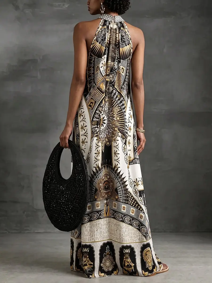 Zipper Printed Neck Maxi Dress