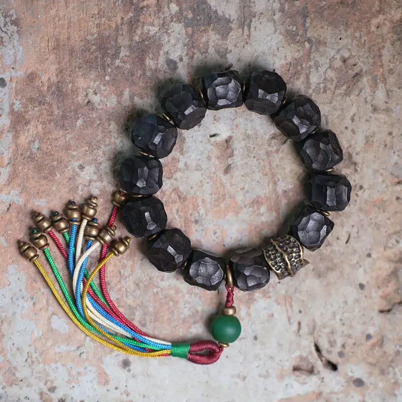 Ebony Wood Copper Tassel Wrist Mala Bracelet