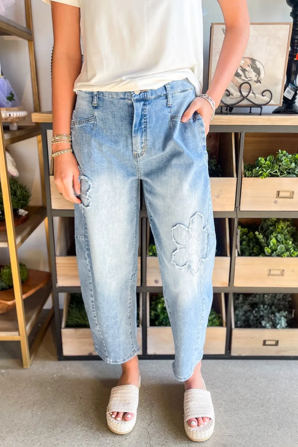 Floral High Waist Pocketed Casual Jeans