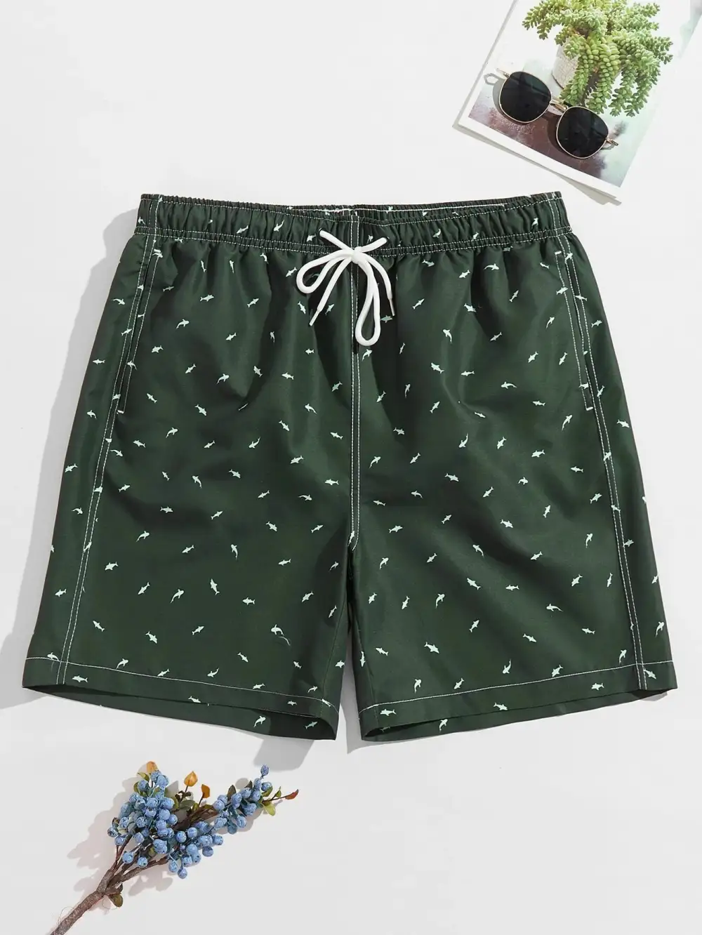 Men's Allover Shark Print Pocket Swim Trunks