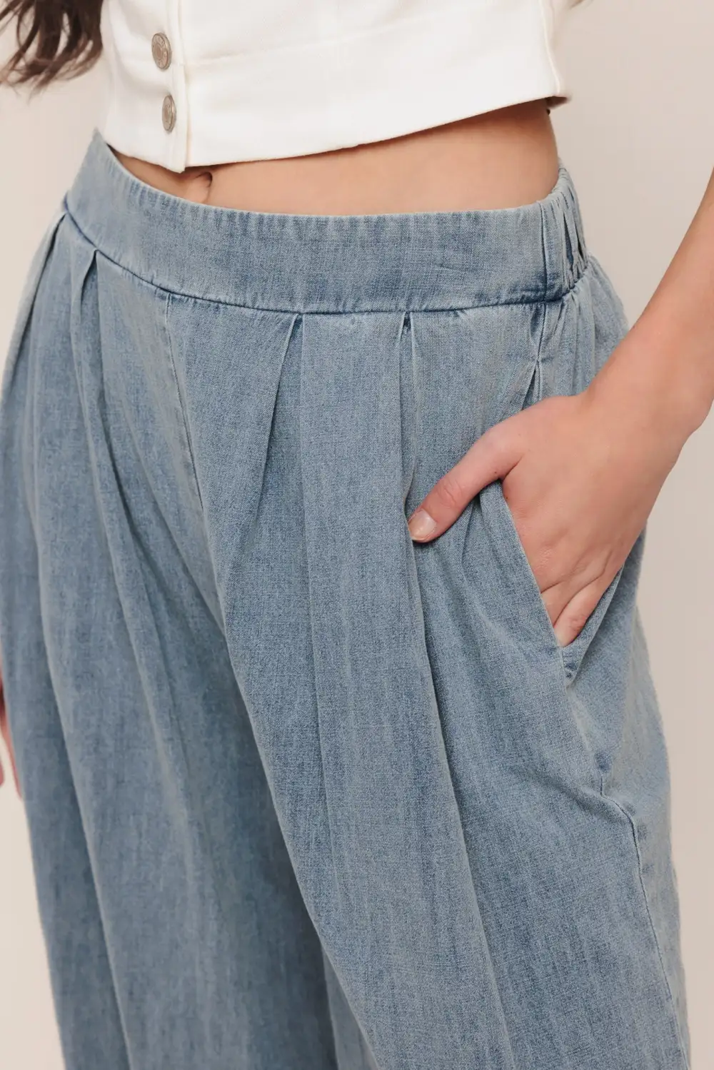 Denim Wide Leg Relaxed Fit Pleated Jeans