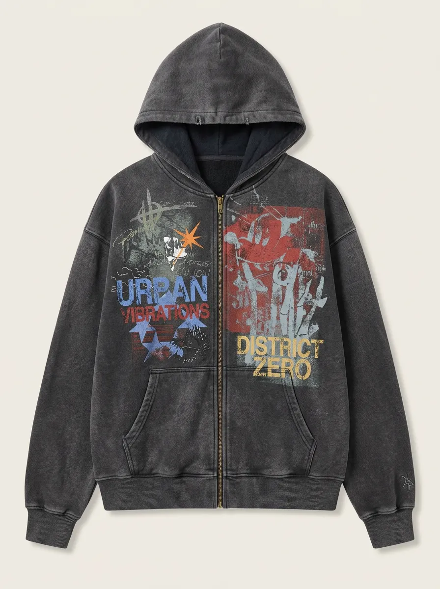 Unisex Streetwear Urban Vibrations District Zero Graphic Printed Zip-up Hoodie