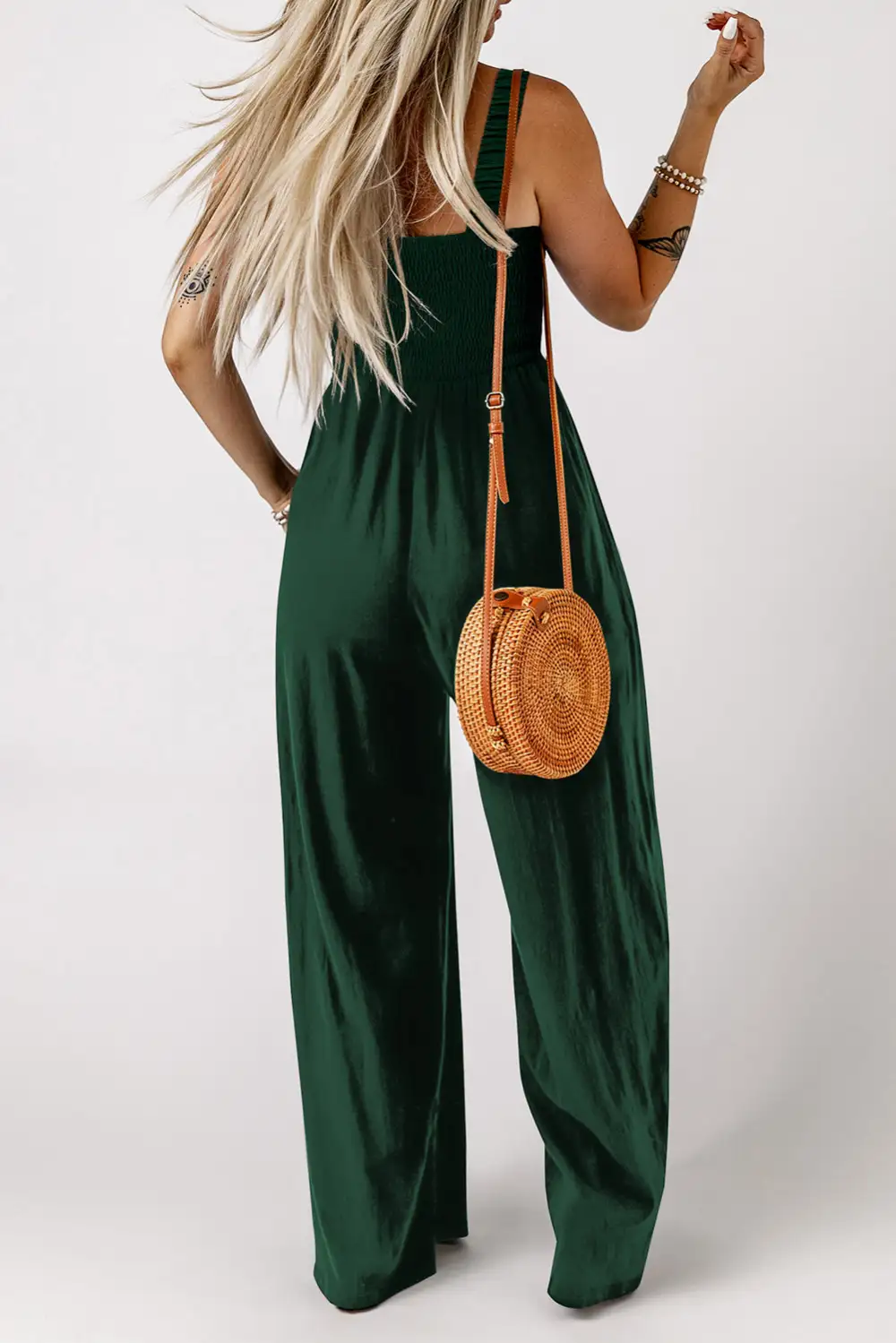 Ginger Smocked Sleeveless Wide Leg Pockets Jumpsuit