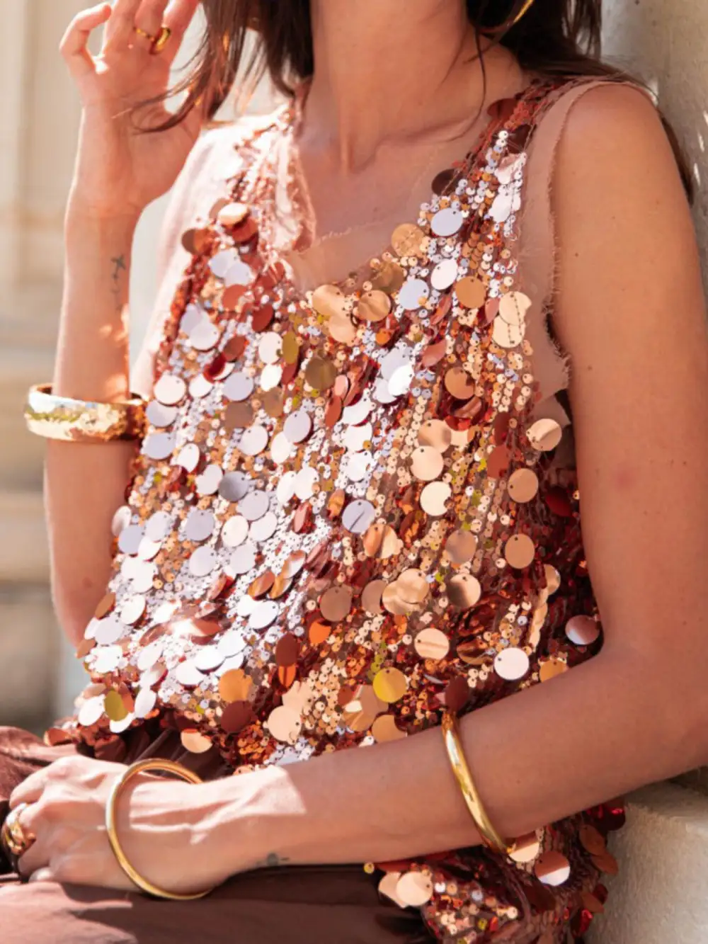 Round-Neck Sequined Tank Top