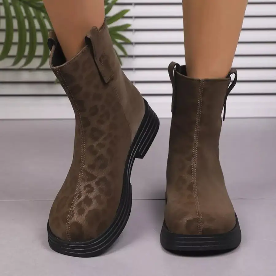 Leopard Round Toe Block Heels Boots