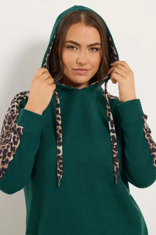 Green Leopard Print Trim Hoodie