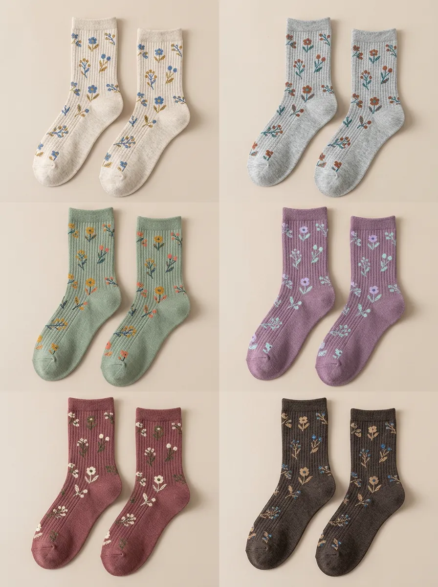 Women's Floral Embroidered Contrast Crew Socks Three Pair Set