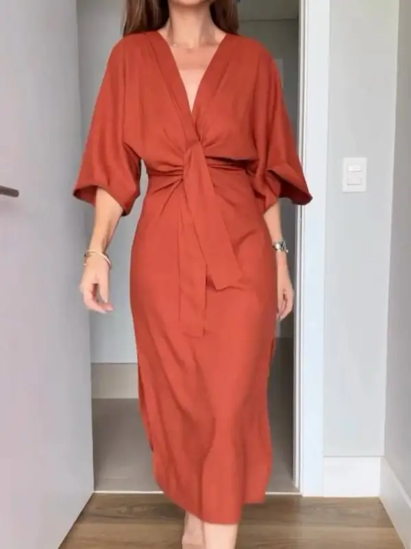 Bat Sleeve Lace Up Midi Dress