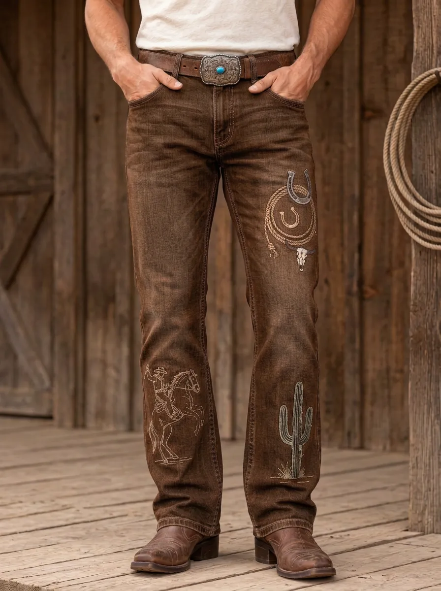 Men's Heritage Inspired Western Cowboy Rodeo Cactus Skull Jeans