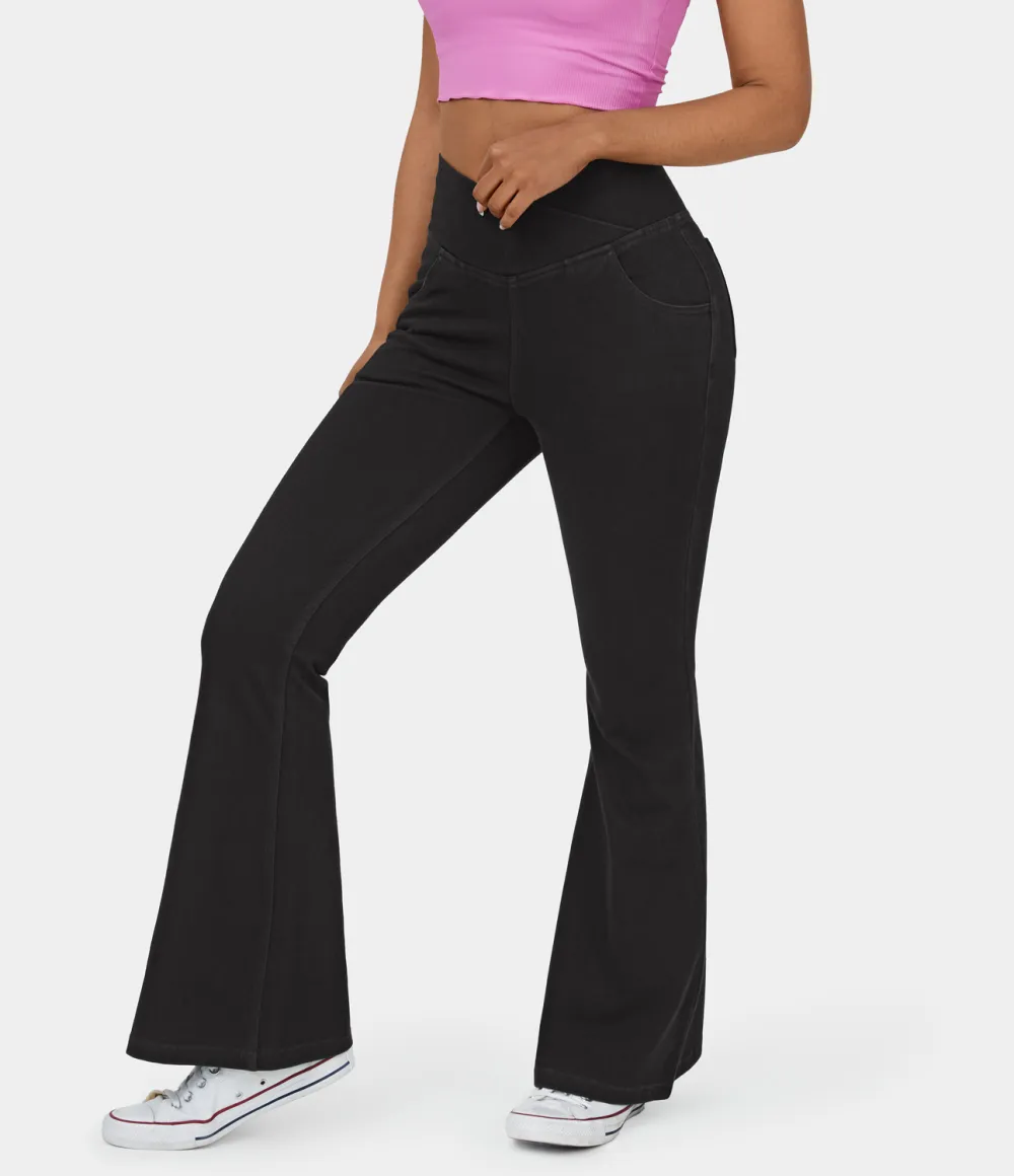 Magic High Waisted Crossover Pocket Washed Stretchy Knit Casual Super Flare Jeans