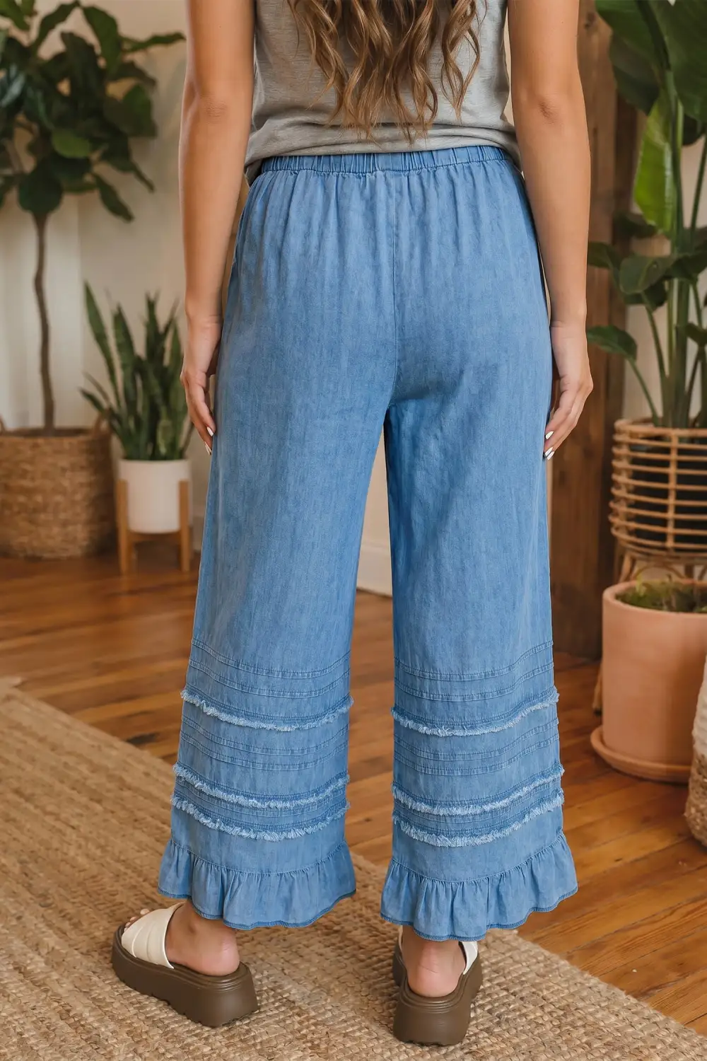 Women's Ruffled Hem Wide Leg Chambray Pants