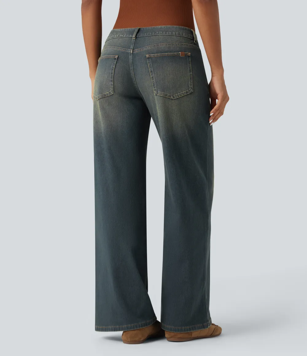 Asymmetric Low Rise Zipper Pockets Baggy Wide Leg Washed Casual Jeans