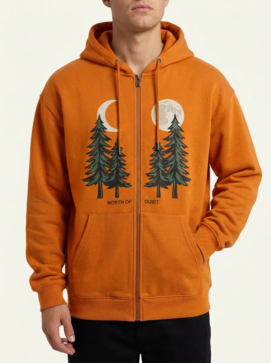 Men's Nature Lover Moon Pine Tree North of Quiet Printed Zip-up Hoodie