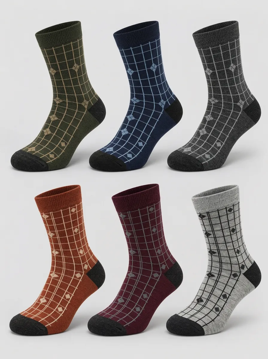 Men's Geometric Grid Pattern Printed Crew Socks 6-Pack