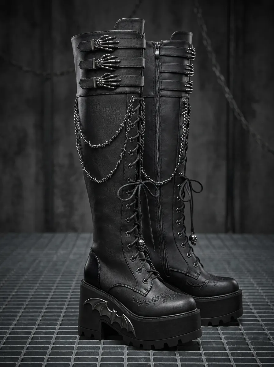 Heritage Bat Wing Chain Edit Women's Gothic Platform Knee High Boots