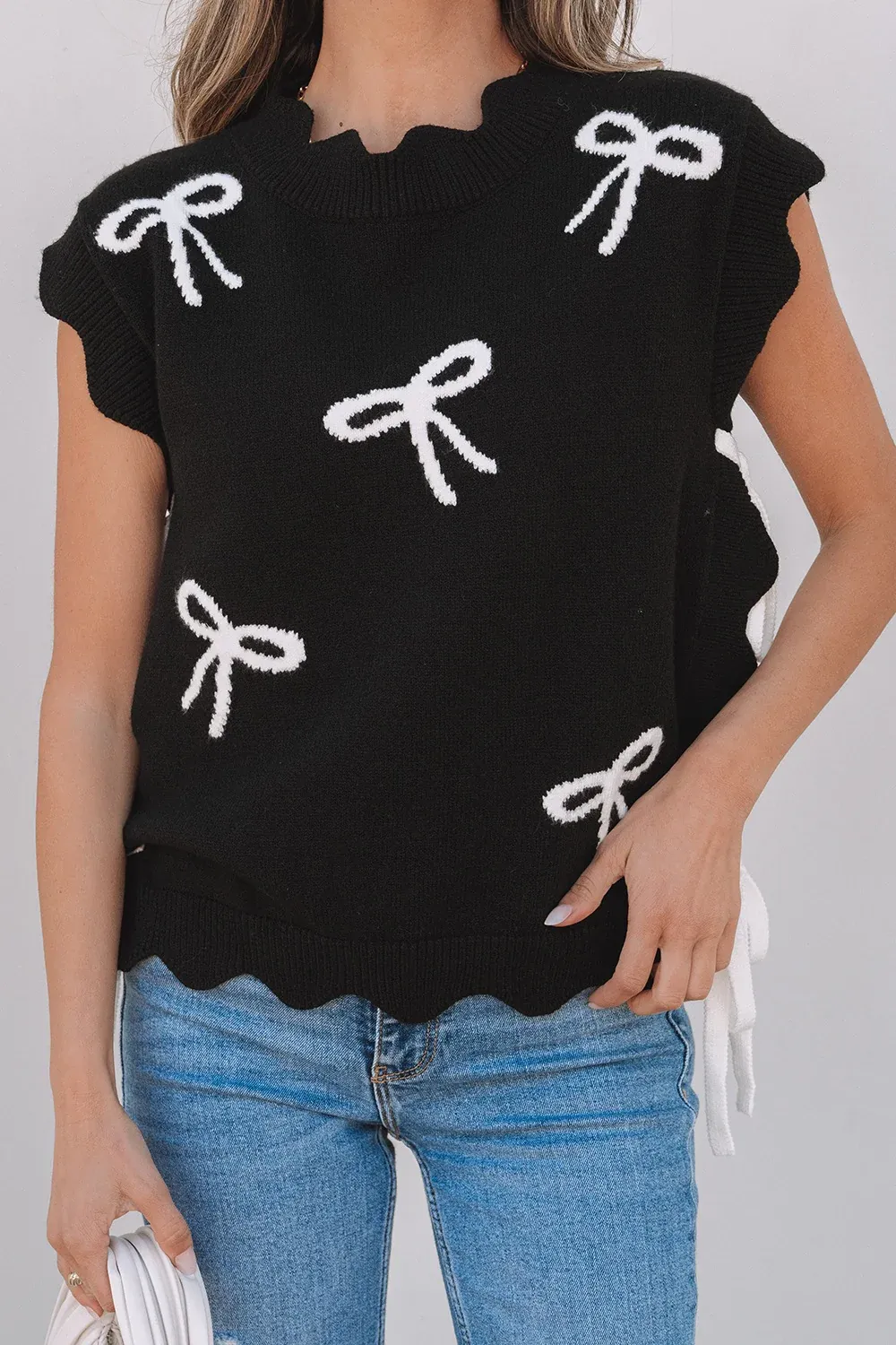 Bow Simple Temperament Fit versatile black  Knit Sweater