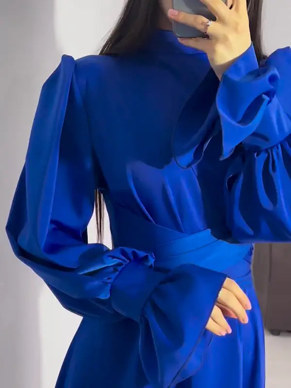 Sleeves Color Pleated Long Neck Maxi Dress