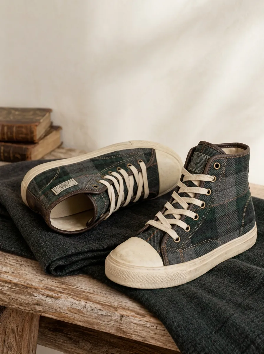 Men's Vintage Style Green Plaid Tartan Printed Canvas Shoes