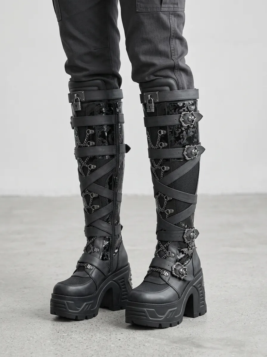 Midnight Skull Chain Punk Design Women's Gothic Platform Knee High Boots