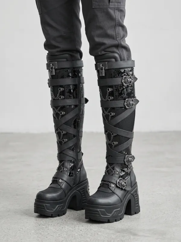 Midnight Skull Chain Punk Design Women's Gothic Platform Knee High Boots