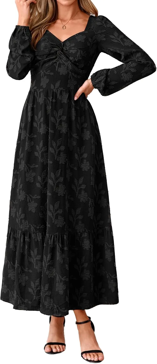 Simplee Womens Fall Long Sleeve Boho Floral Wedding Guest Maxi Dress