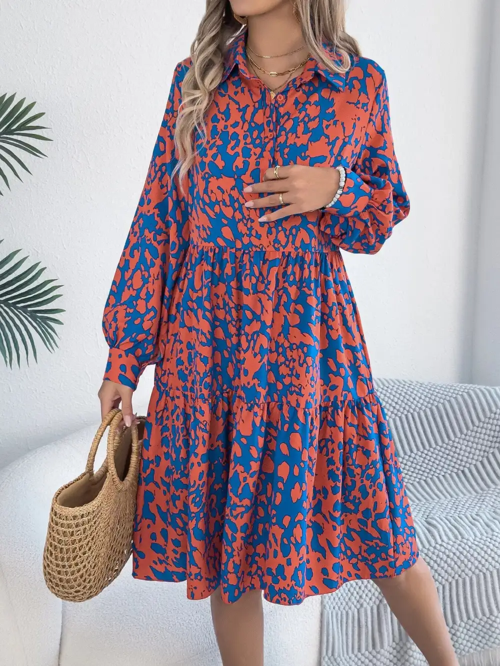 Printed Long Sleeve Collared Dress Casual