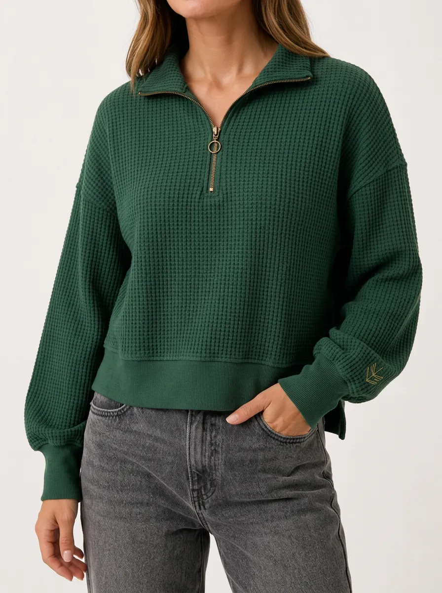 Modern Weekend Waffle Knit Quarter Zip Pullover Top