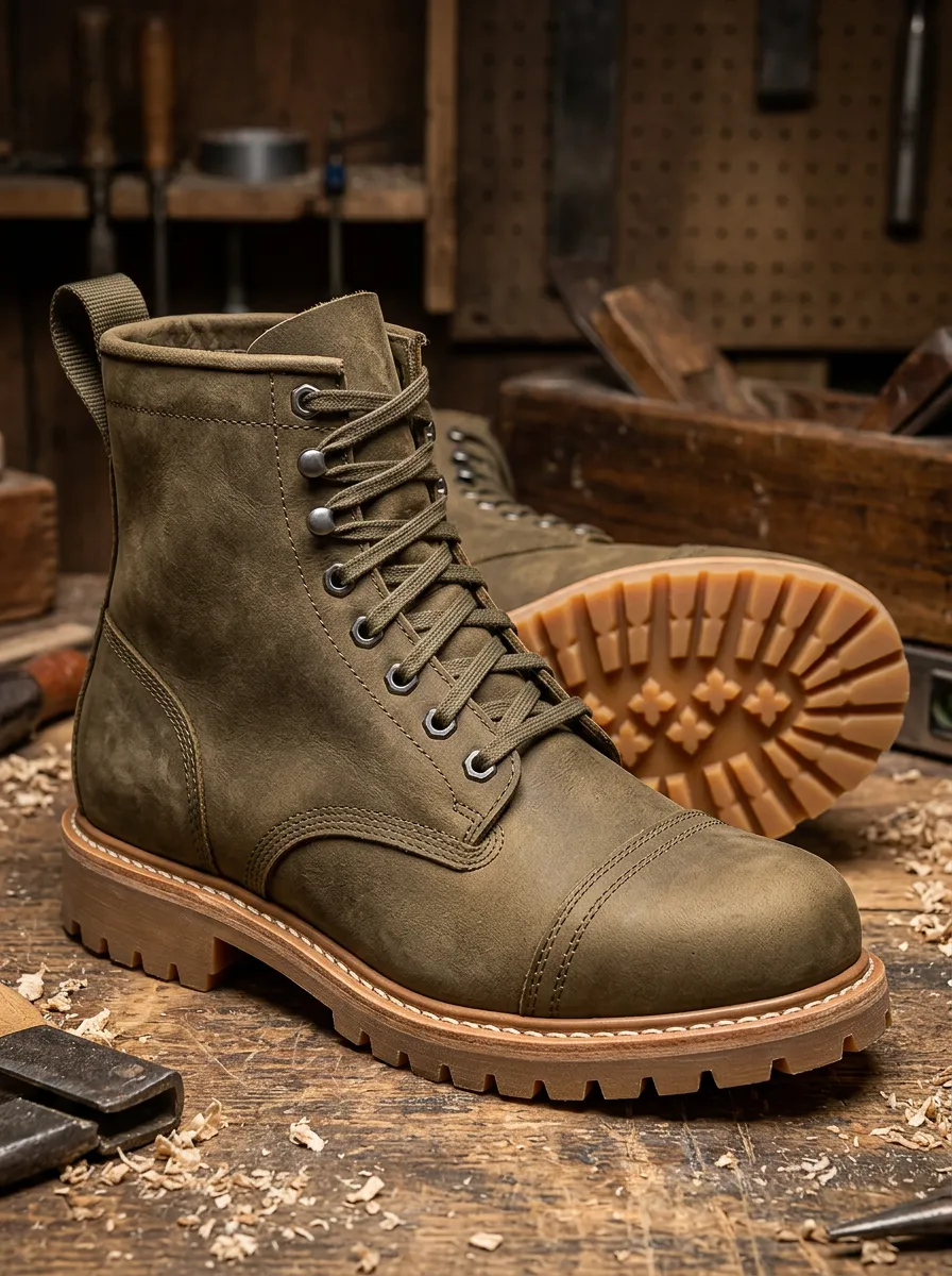 Men's Vintage Olive Suede Leather Lace-up Work Boots