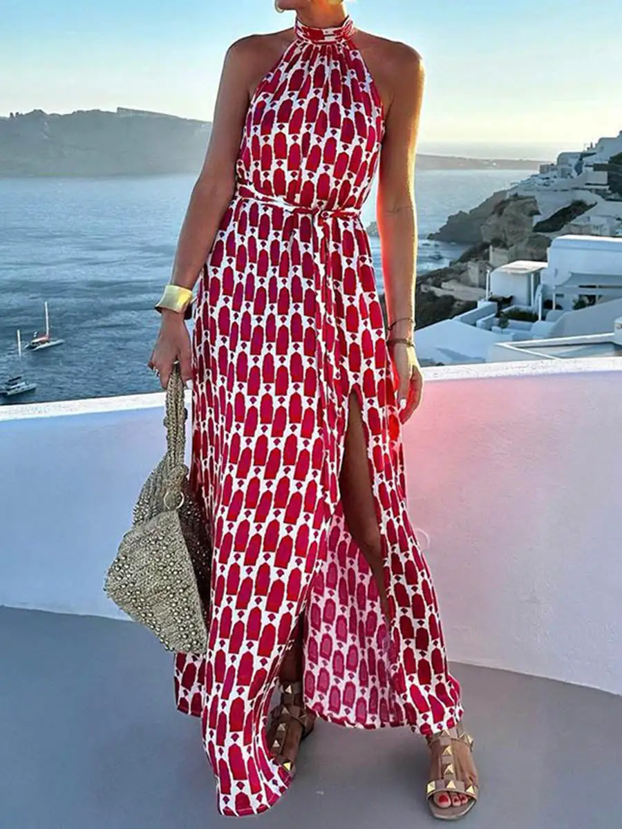 Waisted Printed Sleeveless Neck Maxi Dress