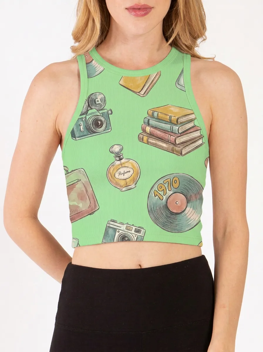 Women's Retro 1970s Books Camera Printed Crop Tank Top