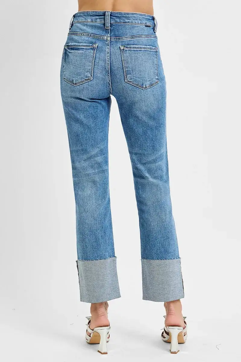 Balanced High Waist Wide Leg Cuffed Denim Jeans