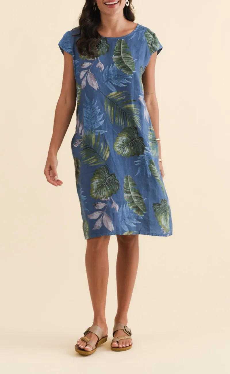 Above-Knee Floral Linen Pocket Round-Neck Short-Sleeve Straight-Cut Dress