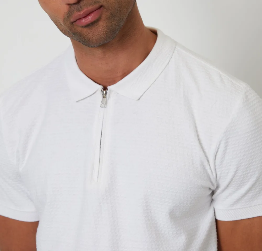 Men's White Textured Quarter-Zip Polo Shirt