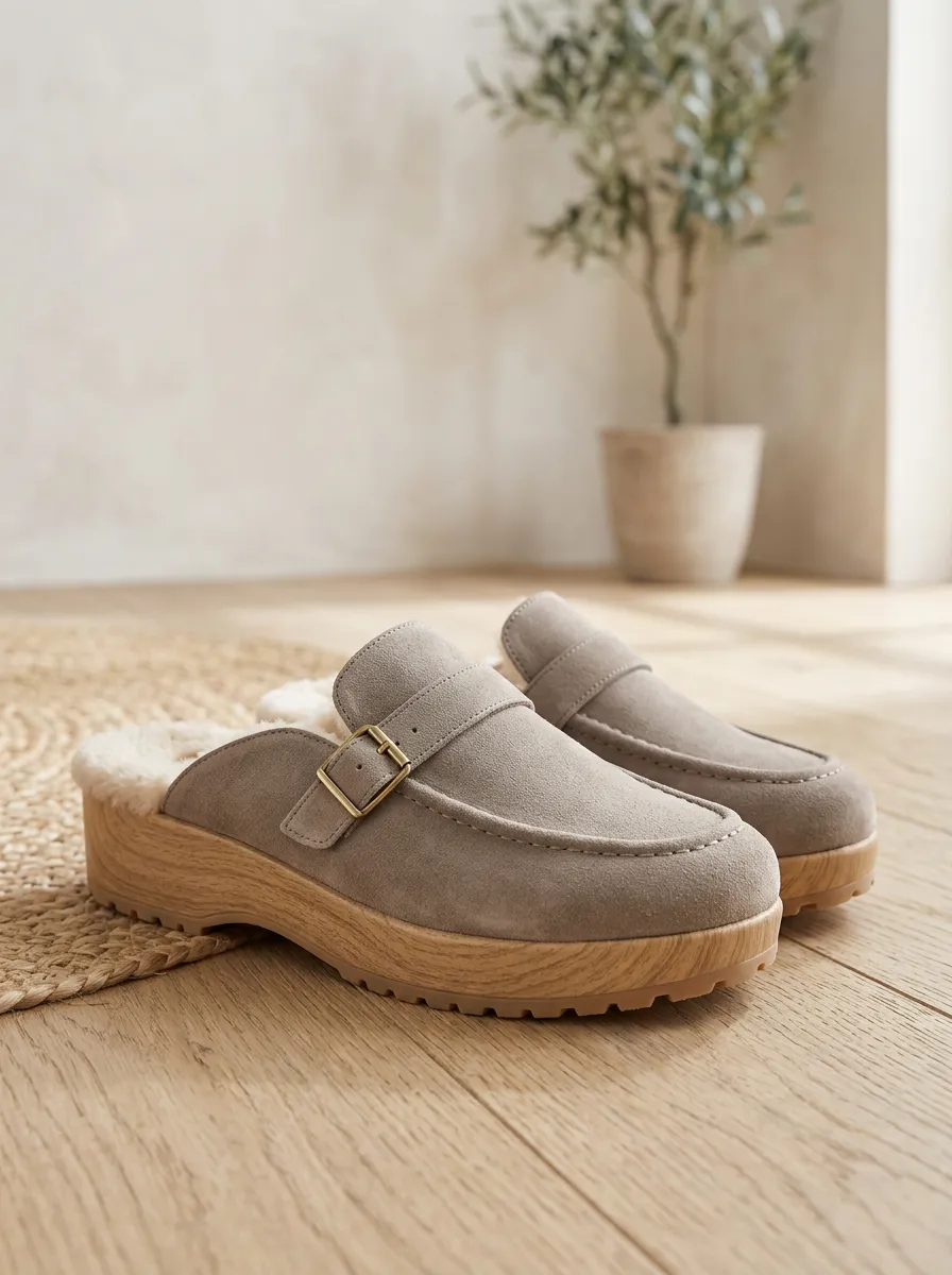 Women's Faux Fur Lined Buckle Detail Clog Style Casual Suede Wood Sole Loafers