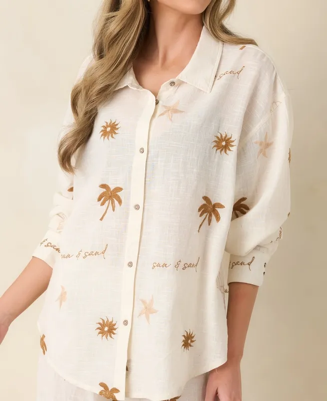 Light Beige Coastal Embroidered Button-Down Top