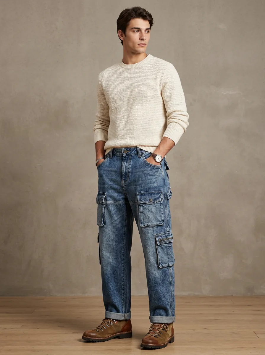 Men's Casual Streetwear Denim Cargo Pants with Washed Finish