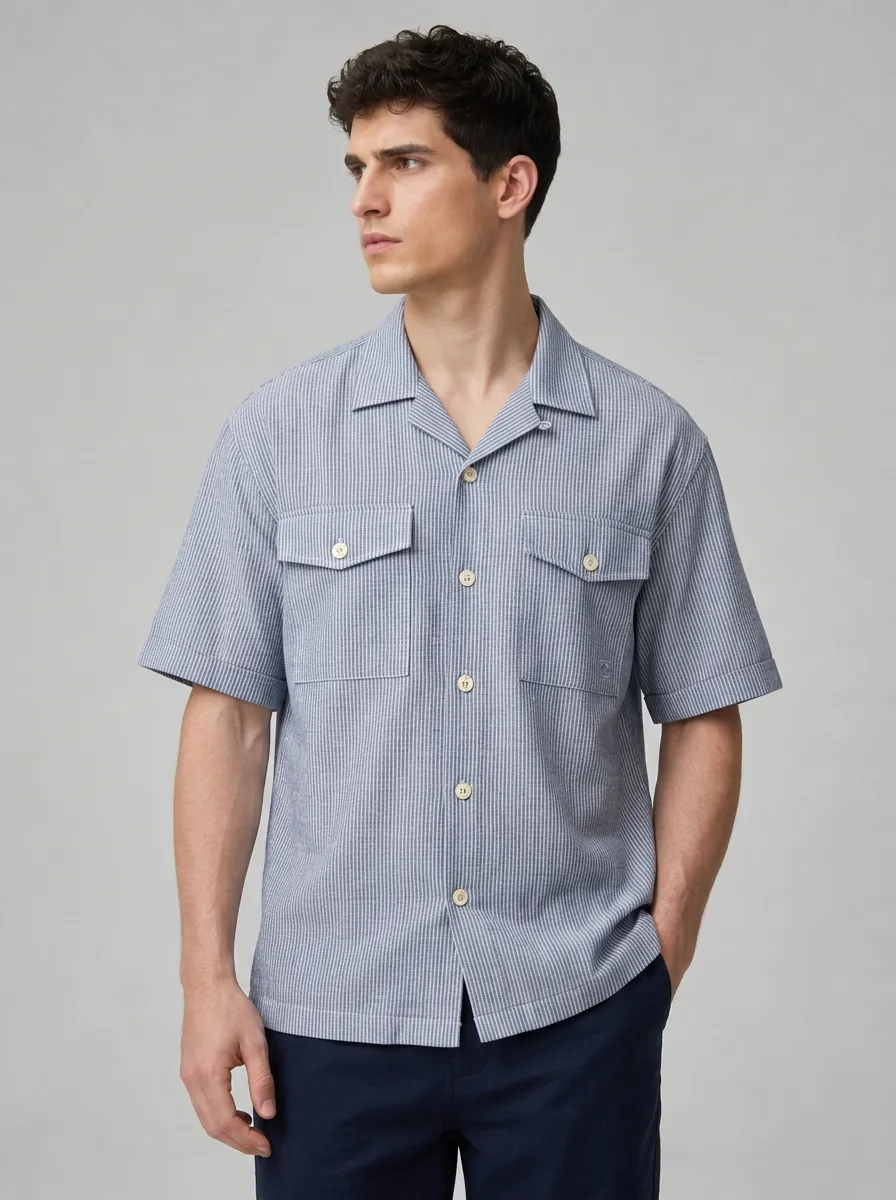 Men's Casual Summer Blue Striped Button Down Short Sleeve Shirt