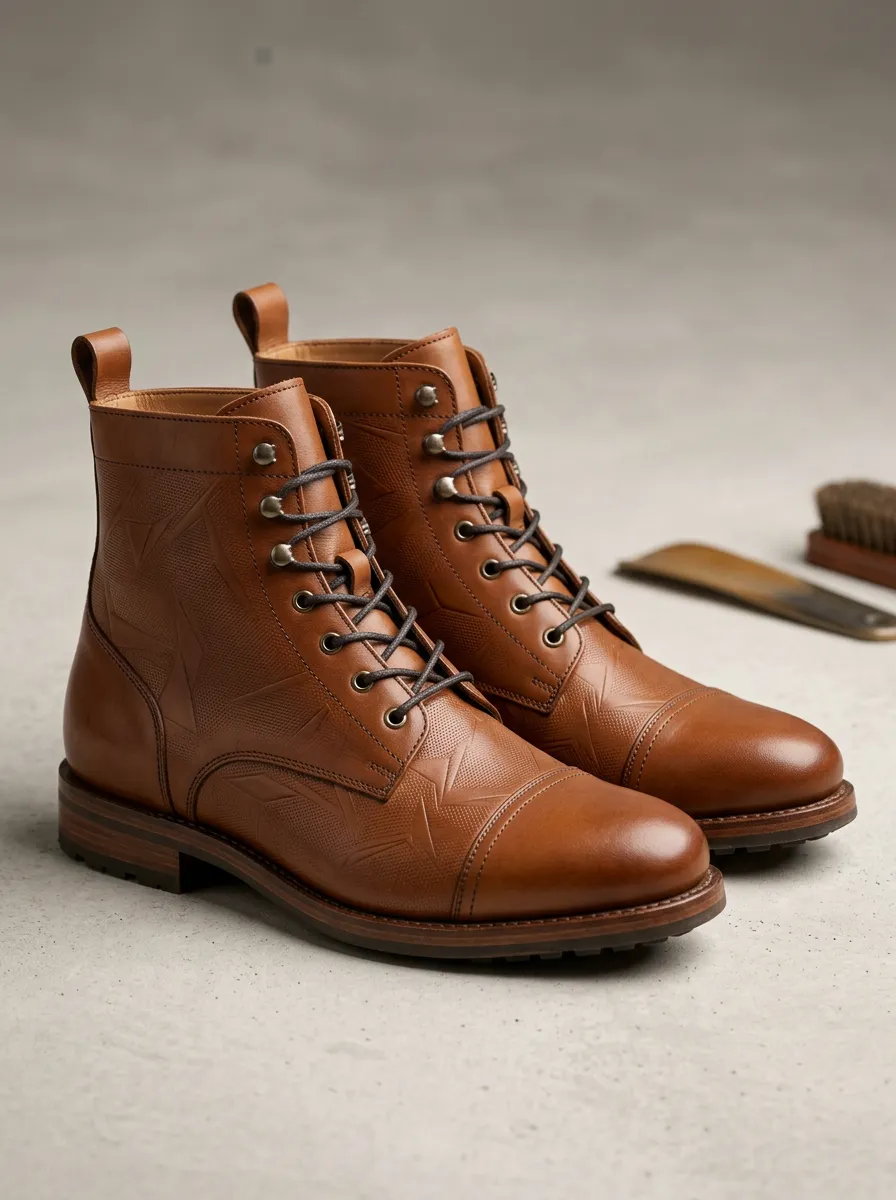 Geometric Pattern Embossed Leather-Look Lace-Up Boots